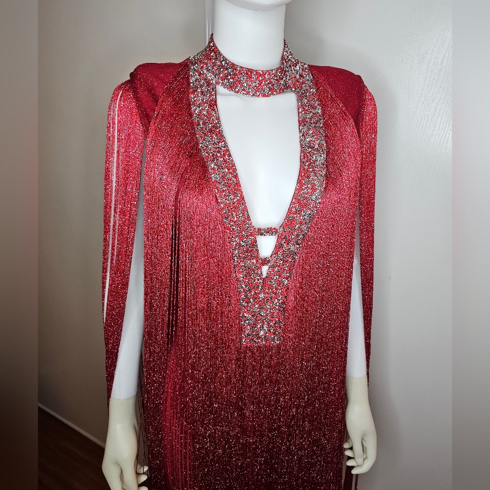 Anewsta Fringe Bodycon Evening Cocktail Dress Size S EU 36 US 4 Deep V Sparkle - Picture 8 of 16